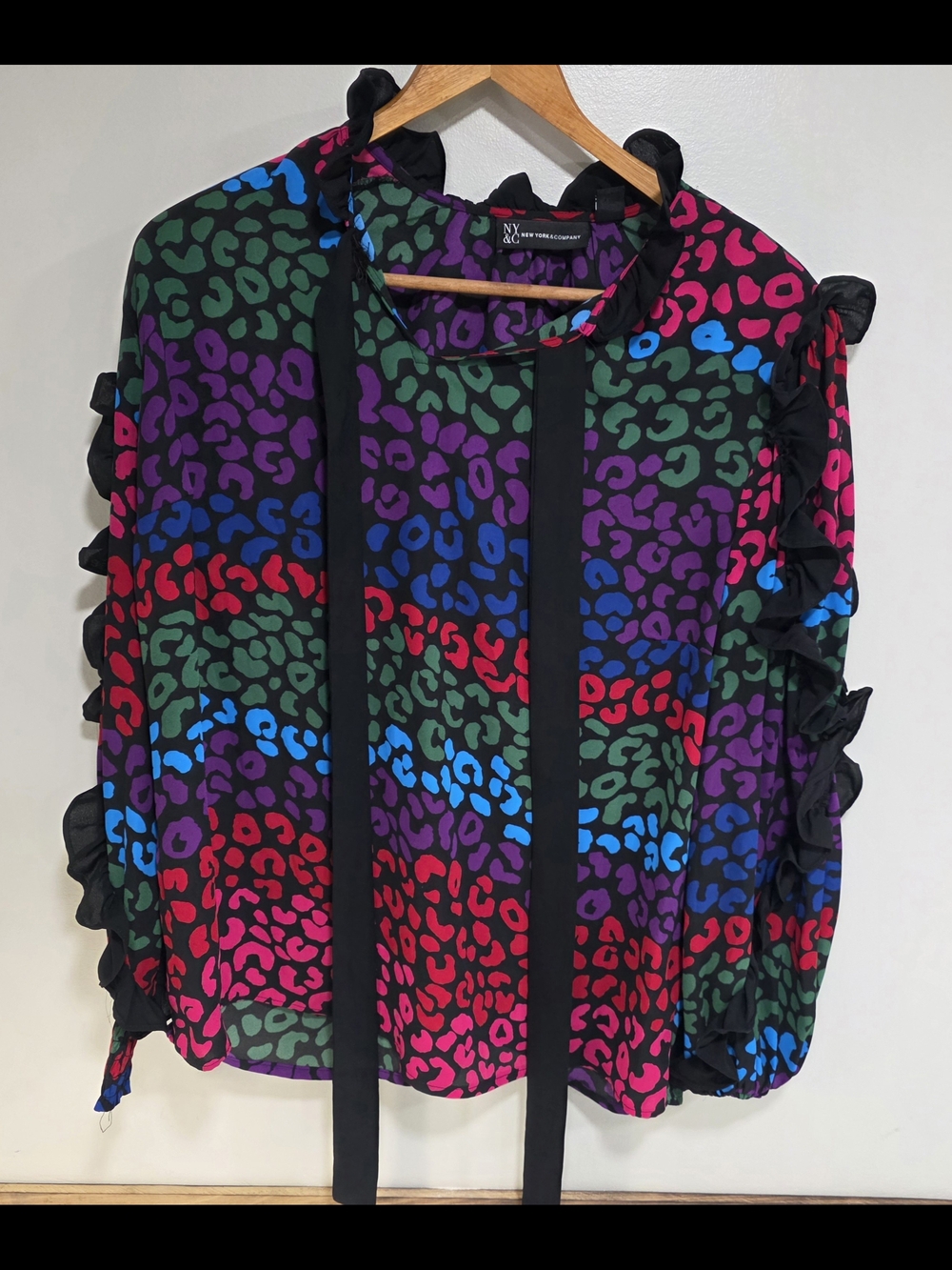 NY Collection Multicolor Leopard Ruffle Tie-Neck Blouse
